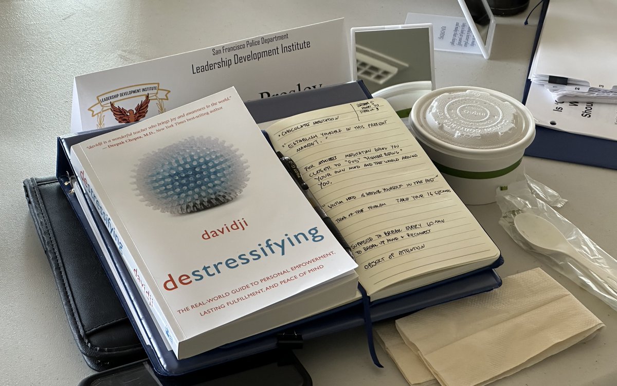 bluecourage's tweet photo. Michael facilitates and davidji teaches Mindfulness & Destressifying for the San Francisco Police Department’s Cohort 5 Leadership Development Institute!! #SFPD #BlueCourage #davidji #mindfulnesspractice #LeadershipDevelopmentInstitute #SFPDLDI #LELeadershipDevelopment https://t.co/I2qvXE5FS6