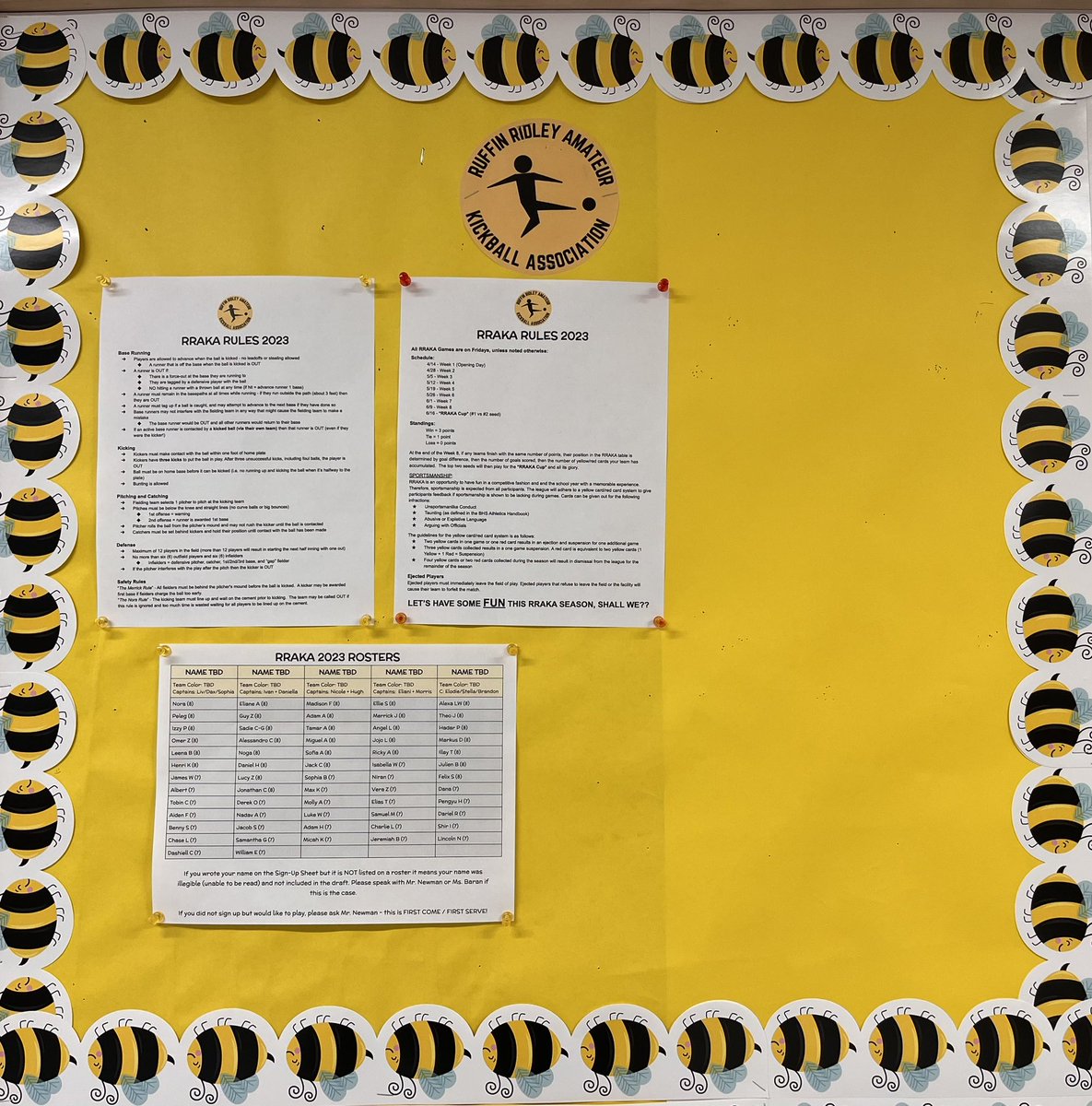 __RRAKA's tweet photo. We dusted off the good ole #RRAKA bulletin board near the gym and posted this season’s rules and rosters. More updates to come, including the season schedule, standings, and weekly matchups. https://t.co/ObJ6Q4miUQ