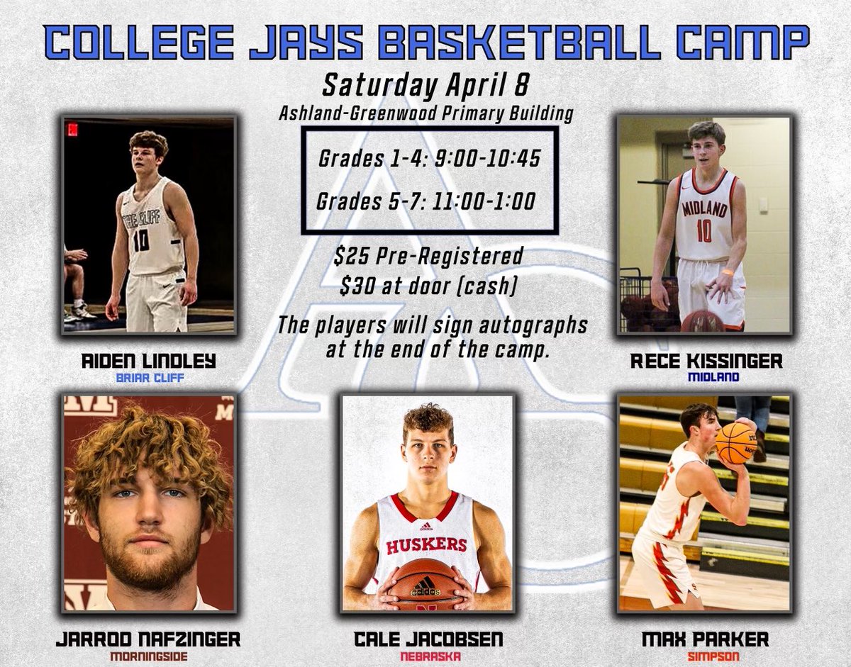All boys and girls in grades 1st-7th, register for our first annual College Jays Basketball camp on Saturday April 8th. Should be an exciting day! Link below ⬇️ 

forms.gle/x4mHcqQnDpm2Mv…