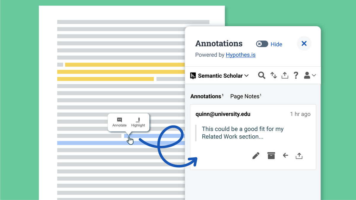 ✨New note-taking feature in Semantic Reader supported by <a href="/hypothes_is/">Hypothesis</a>! By logging in your Hypothesis account in Semantic Reader, you can now highlight and annotate while reading papers. Learn more: semanticscholar.org/product/semant…