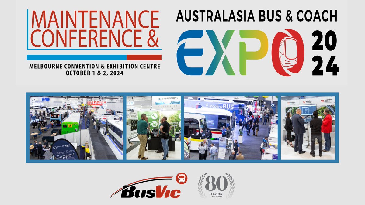 BusVic advises that industry suppliers can secure their exhibition space for the 2024 Australasian Bus and Coach Expo in Melbourne by contacting Mary Main on 03 9645 3300 or mmain@busvic.asn.au or by visiting busvic.asn.au/Exhibitor-EOI