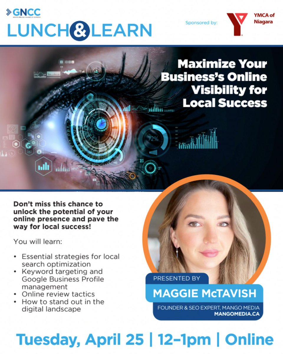 MangoMediaCA's tweet photo. 🌐🚀 Join us for a virtual #LunchAndLearn on "Maximizing Your Business's Online Visibility for Local Success" hosted by @the_GNCC! 📅 April 25, 12-1pm. Perfect for entrepreneurs & small biz owners. Register now: https://t.co/HbrnXJG7hN 👩💻🎉 #NiagaraBusiness #MangoMedia https://t.co/4TSBPjMM6Z