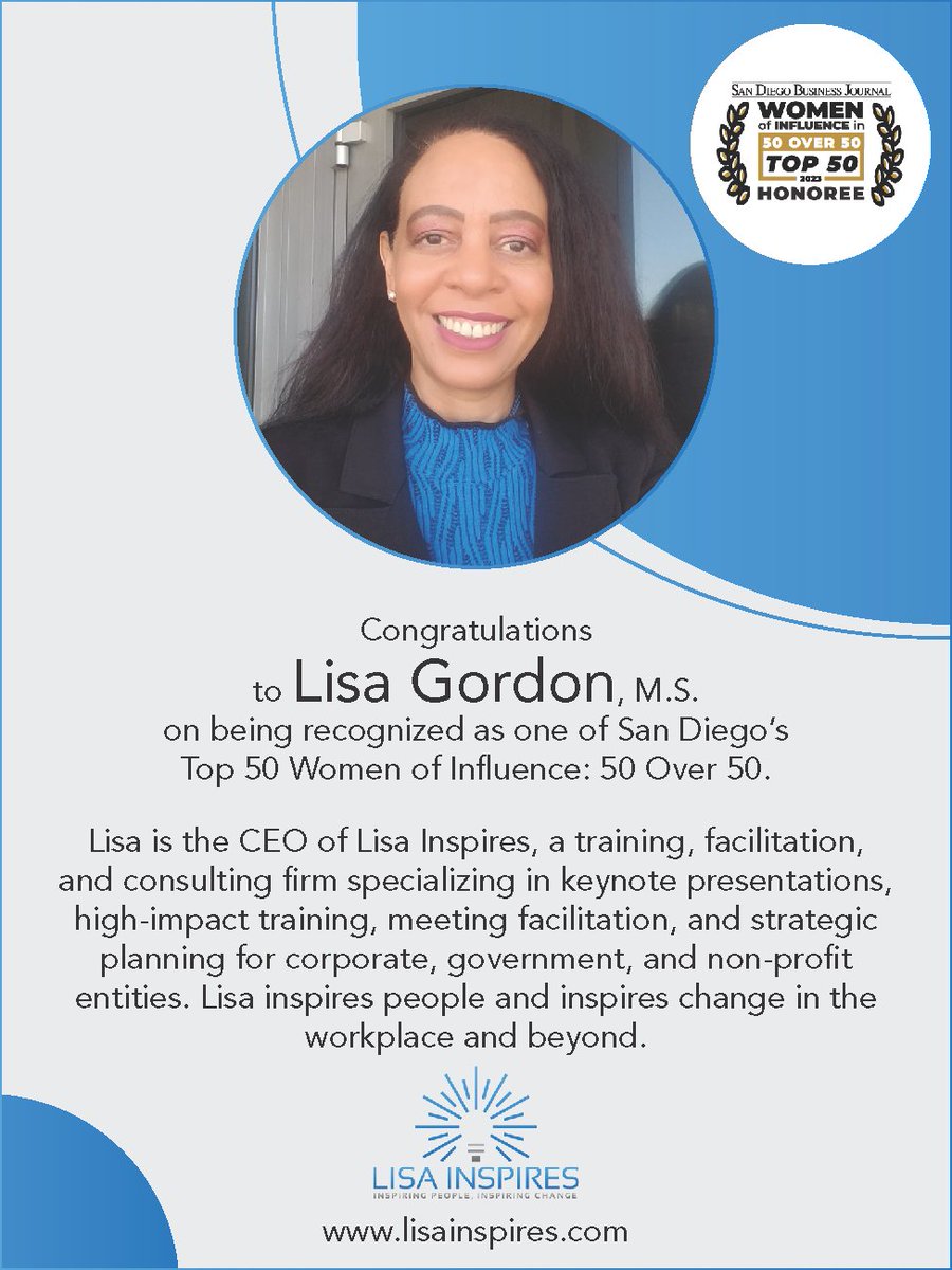 lisainspires's tweet image. I am so honored to be named a &quot;2023 Top 50 Woman of Influence: 50 Over 50&quot; by the San Diego Business Journal! This honor and recognition means so much to me! Thank you San Diego and San Diego Business Journal! #womanofinfluence #womenofinfluence #business #thankyou #sandiego