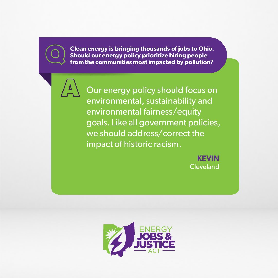 Kevin from Cleveland believes Ohio needs an energy policy that will "correct the impact of historic racism." What do you think? Take our short survey to help draft #EJJA 2.0! bit.ly/ejjasurvey #JobsAndJustice