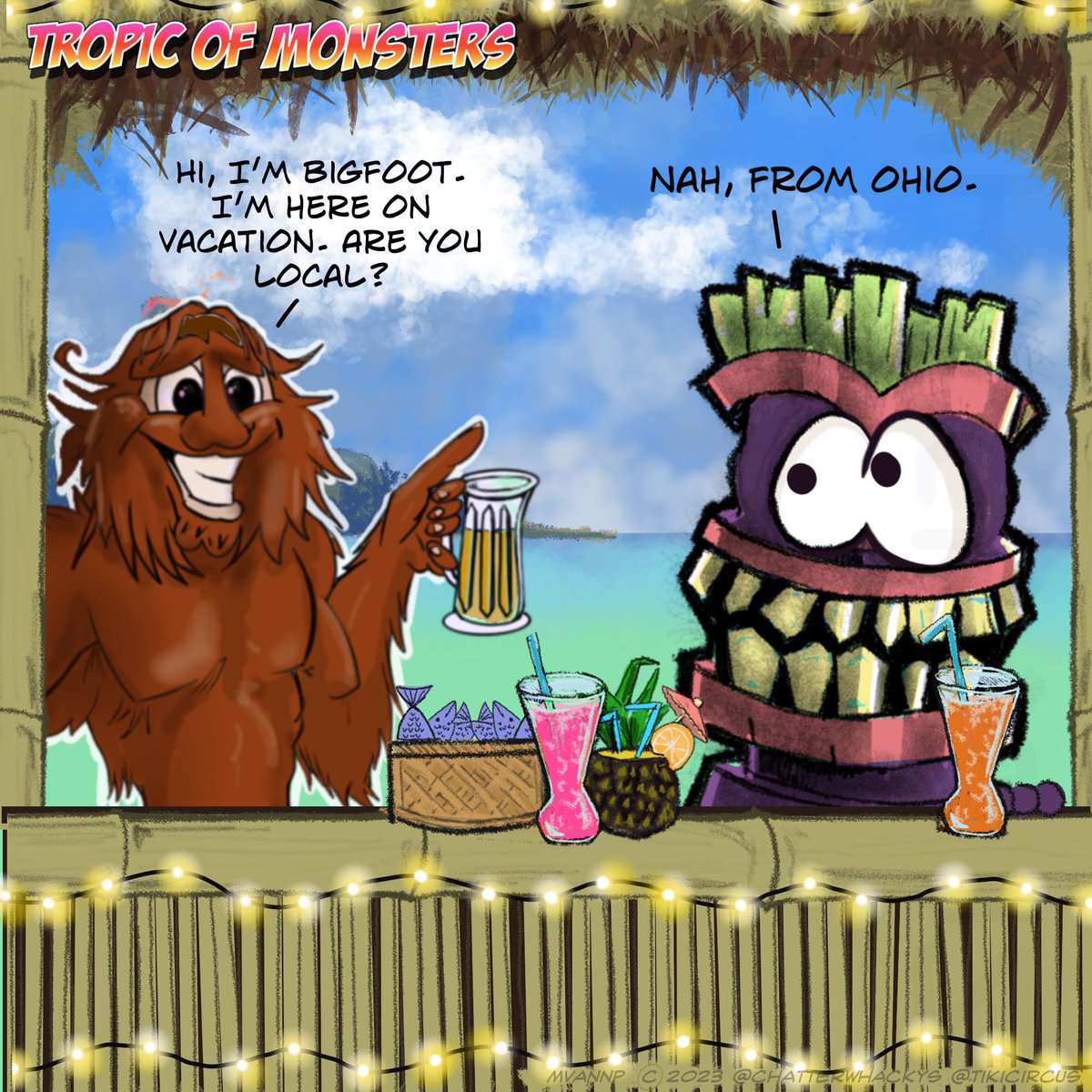 Tropic of Monsters - cartoon - Hang loose my friends 
Hi, I’m Bigfoot, I’m here on vacation. Are you local? Tiki: Nah, from Ohio.

#humorforhappiness 

#tiki #tikifun #comics #bigfoot #cartoon 
#bigfootsighting #doodle #tropicofmonsters #tikitoons #tikicartoon #tropicalfun
