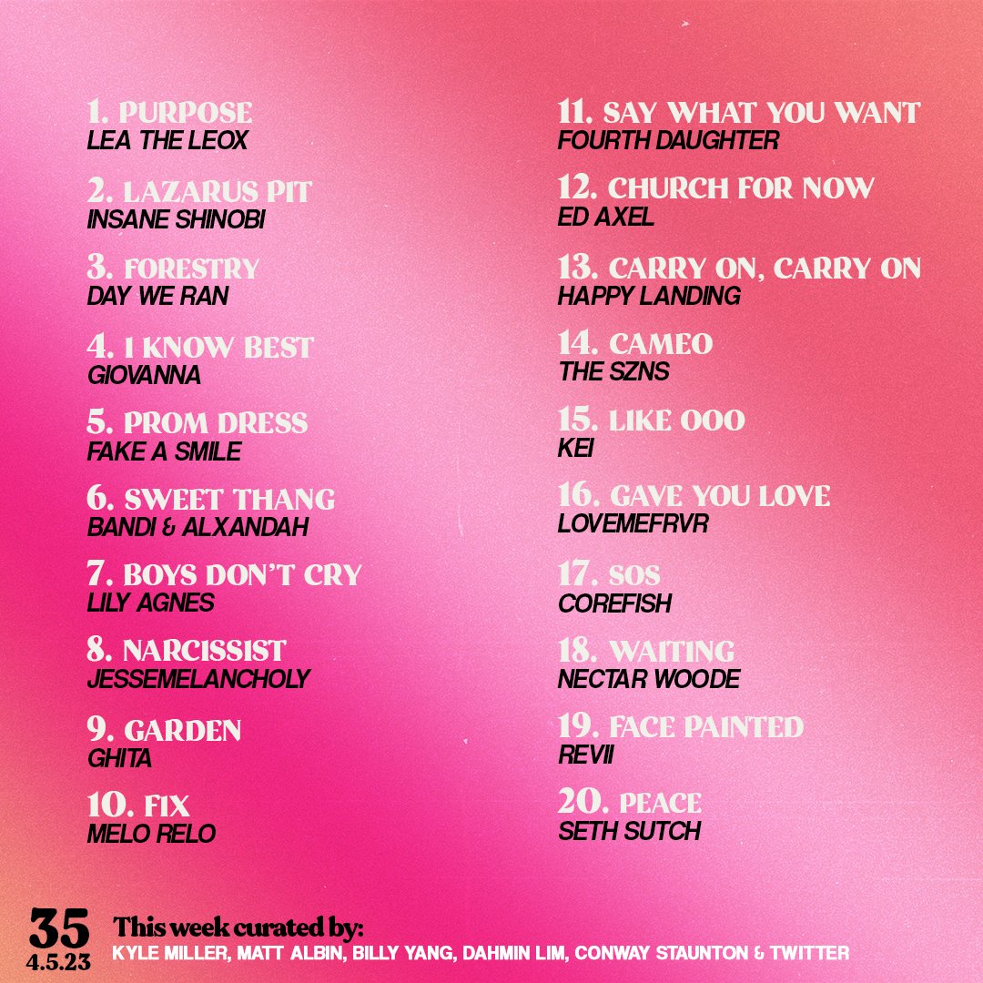 Thank ya'll for the help this week, the new update's live! Didn't have room for everything so stay tuned for next weeks ill be adding a few more from the replies

<a href="/leatheleox/">🌞 LÉA 🌞</a> (thx to <a href="/sandra_dib2/">Sandra Dib</a>)
Bandi (thx to <a href="/Shayden04839172/">pol</a>)
<a href="/corefishcore/">corefish</a> 
<a href="/sethsutch/">i am love 🌞</a> 

open.spotify.com/playlist/01slT…