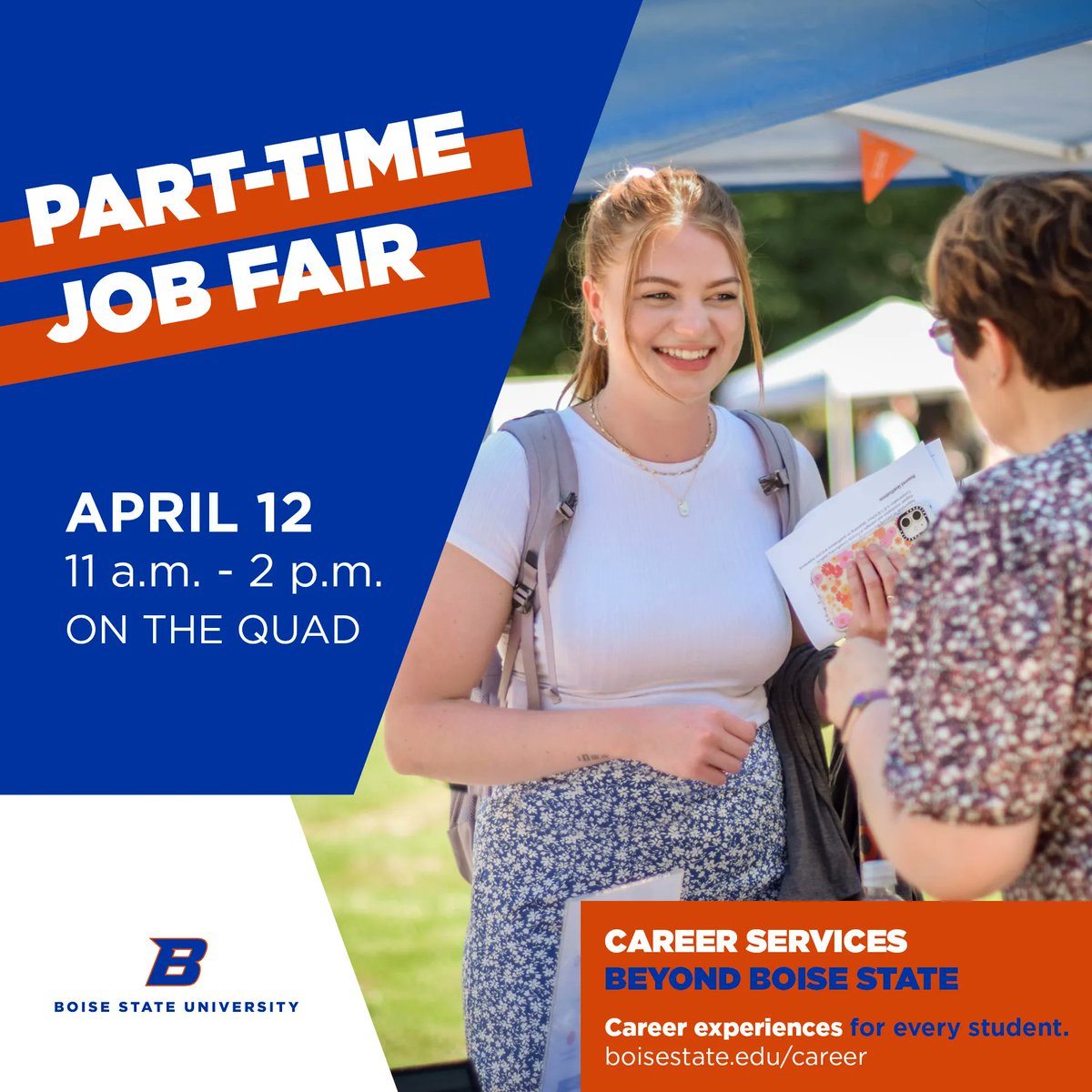 If your summer plans involve getting a job, make sure to stop by the quad on April 12 from 11-2 for the Part-Time and Summer Job Fair. See who's coming at: buff.ly/3UcUNpc #BeyondBoiseState #PartTimeJobFair