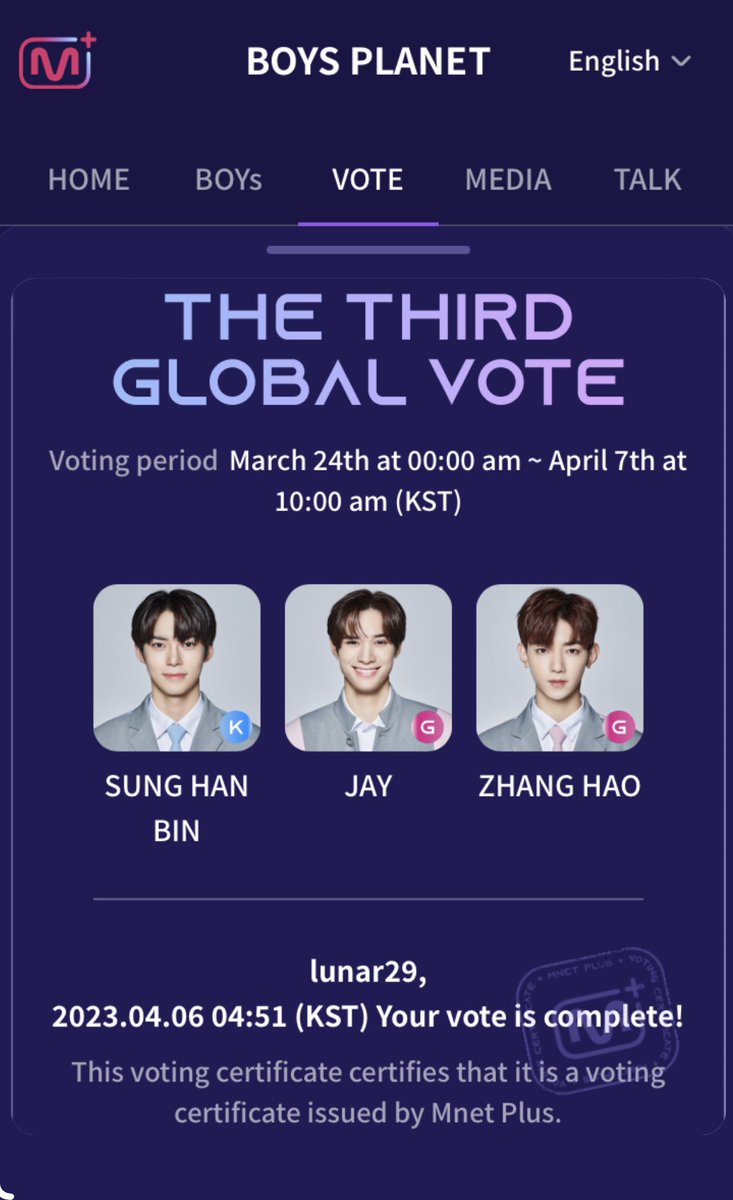 4 Votes done for Jay! 

We Seokjinnies are happy to vote for you. Let’s help each other 🫶🏻 

Thank you to everyone for streaming The Astronaut on Spotify and YouTube 

youtu.be/c6ASQOwKkhk
spotify.link/2oOw51t4Kyb