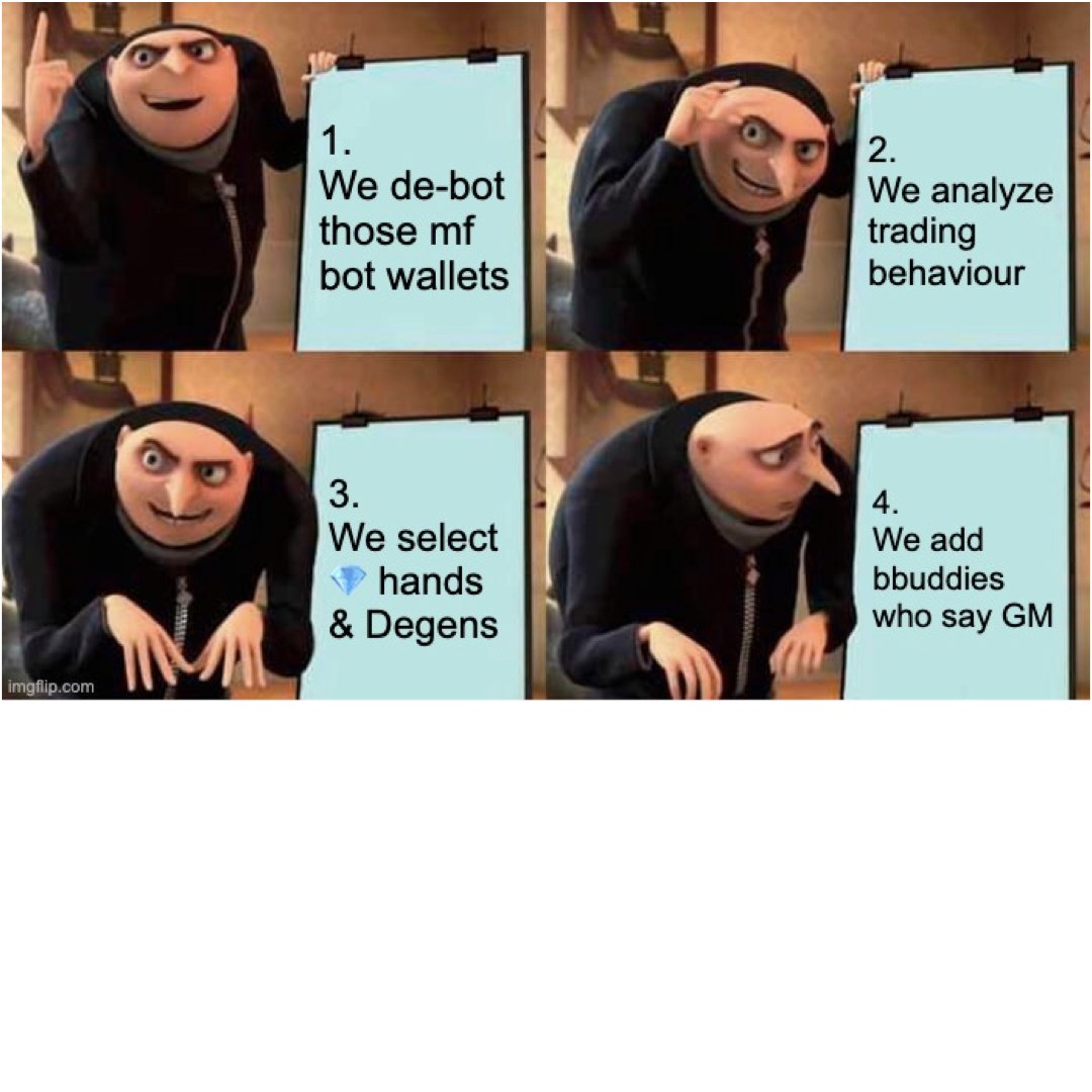 Selection Criteria:
We select a good mix of diamond-hands + handpick members excited about BBuddies.

We have partnered with <a href="/MintKitAI/">MintKit</a> to debot &amp; perform advanced analysis on the wallets. 
This filtering and handpick process ensures the perfect bunch of Degens.

(3/4)