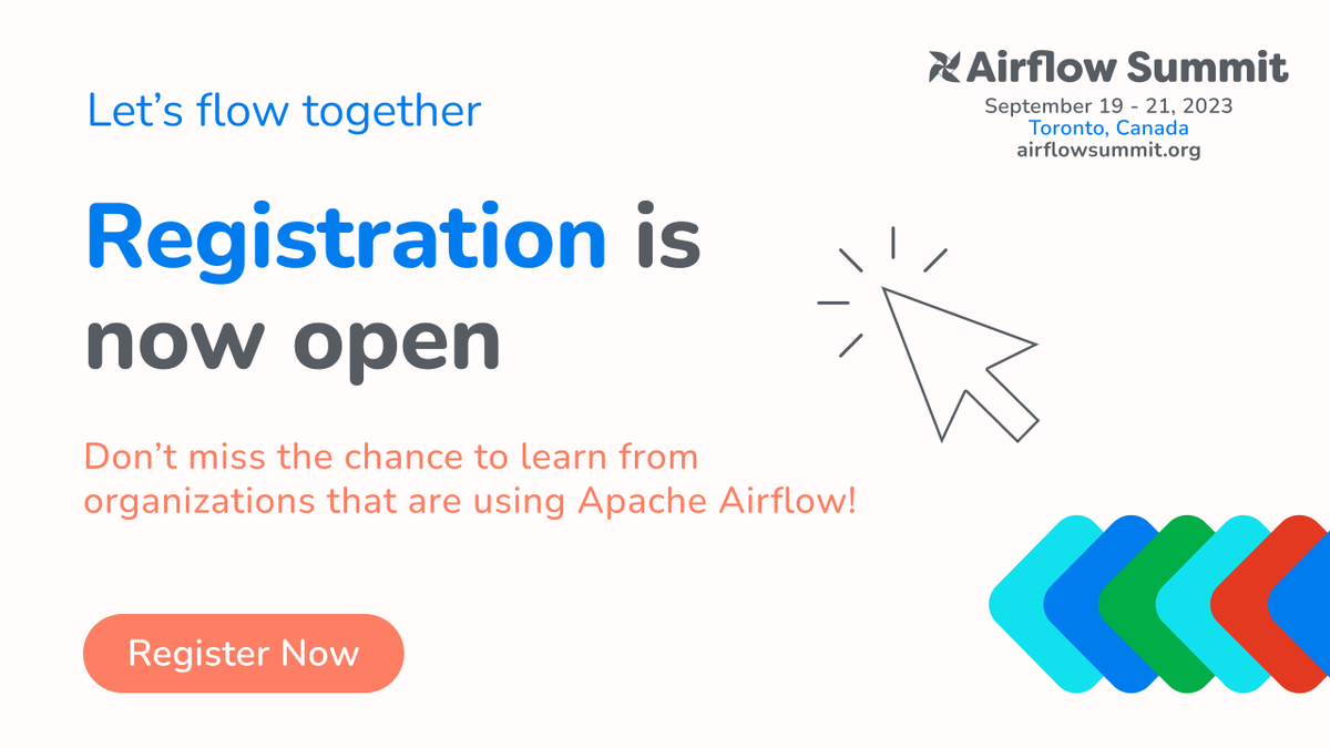 AirflowSummit's tweet photo. Let´s flow together! 👫👭
🙌 Registration for #AirflowSummit 2023 is now open!
You can get your tickets here 👇
https://t.co/gOsQgm7jdR
#DataOrchestration #BatchProcessing #DataProcessing #DataPipelines #Data #DataSience #OpenSource https://t.co/2zwV0nwy6Y