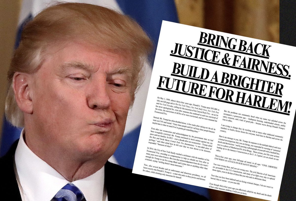 CalltoActivism's tweet image. POETIC JUSTICE!!! A Central Park Five member has taken out a full page ad on Trump 34 years after he called for them to be put to death!

Yusef Salaam, one of the exonerated teenagers, wrote that since Trump is “arrested and arraigned, here is my response:”

The ad goes:

“If the…