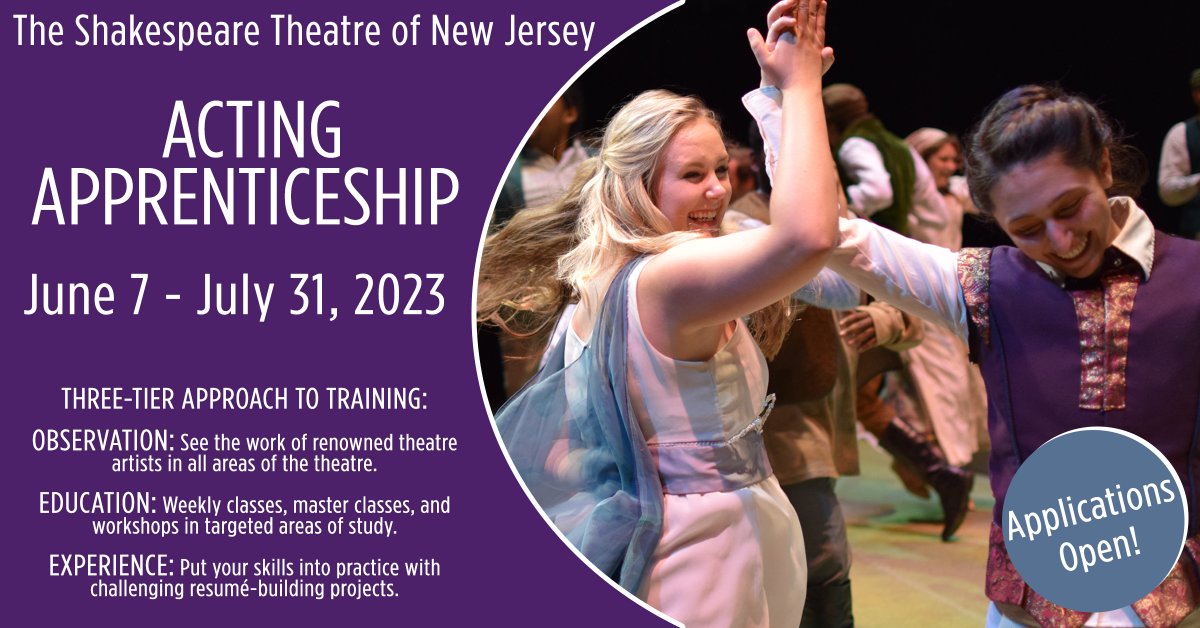 Spots are filling fast for the 2023 Summer Acting Apprenticeship! This is a rigorous 7-week professional training program dedicated to developing early-career artists. For more information, visit shakespearenj.org/Education/SPTP…