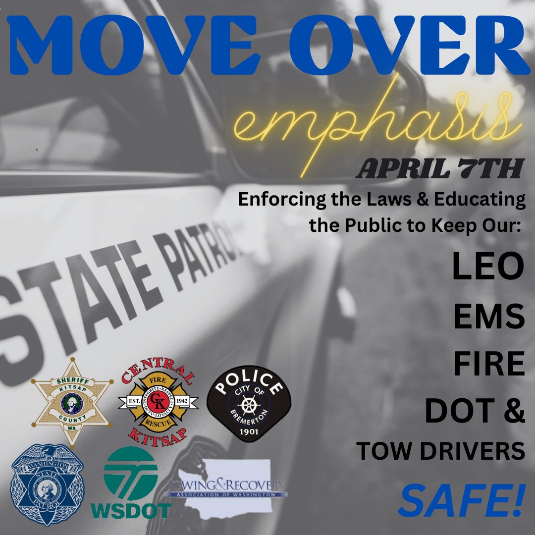 #KitsapCounty #GraysHarbor: On Friday Troopers &amp; allied agencies will be participating in the Slow Down Move Over Campaign.   If you see emergency lights move over or slow down 10 mph under the speed limit 200 ft before &amp; after these zones. This includes DOT workers &amp; tow trucks!