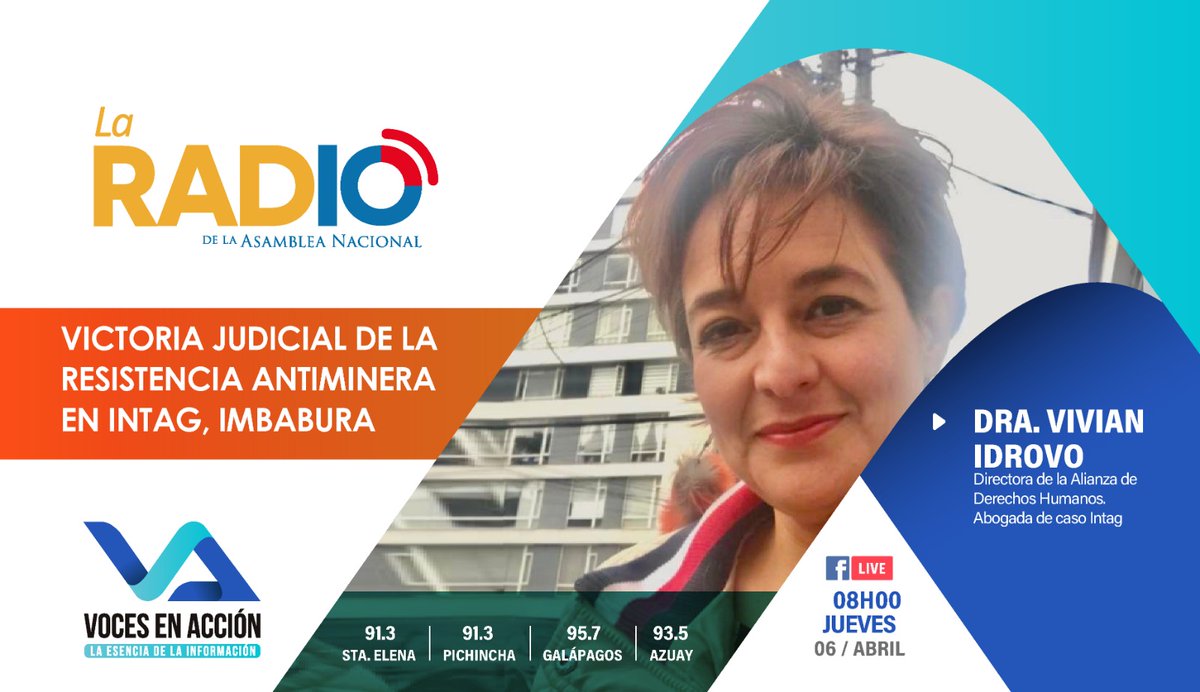 🔴#EnMedios| Mañana <a href="/VivianIdrovo/">Vivian Idrovo Mora</a>, coordinadora de la <a href="/DDHH_Alianza/">Alianza de Organizaciones por los Derechos Humanos</a> hablará en <a href="/LaRadioAsamblea/">La Radio Asamblea</a> sobre la sentencia histórica a favor de las comunidades y naturaleza de #Intag.

🗓Jueves #06Abril 
⏰️08h00 

🎥FBlive 👇facebook.com/laradioasamble…