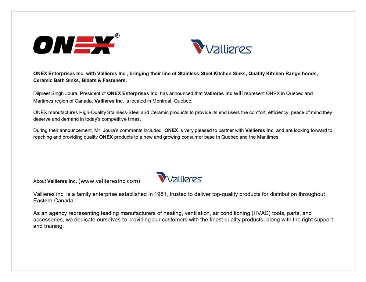 onexcanada's tweet photo. ONEX Enterprises Inc. with #Vallieres Inc., bringing their line of Stainless-Steel Kitchen Sinks, Range-hoods, Ceramic Bath Sinks, Bidets &amp; Fasteners to the Quebec and the Maritimes region of Canada.

#rep #quebec #martimes  #announcement #canada #stainlesssteel https://t.co/Vvy6ZIk8Go