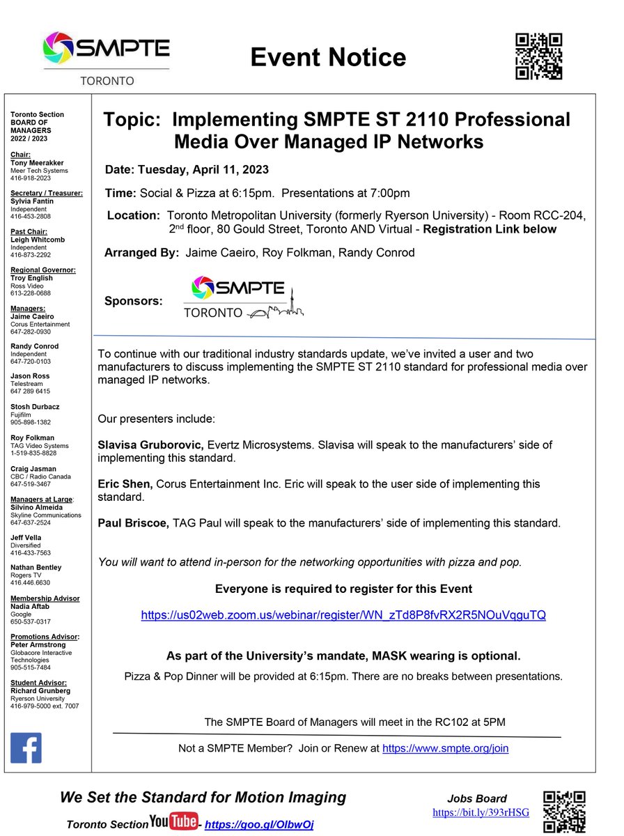 SMPTETor's tweet photo. Our April Meeting:

Topic:  Implementing SMPTE ST 2110 Professional Media Over Managed IP Networks

Tuesday, April 11, 2023
7:00 - 9:00pm

Social &amp; Pizza at 6:15 - 7:00pm

Rogers Communications Centre - Toronto Metropolitan University
Room RCC-204 – 2nd floor, 80 Gould Street https://t.co/7TjQ9xHcXP