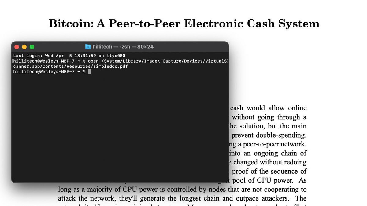 Wow, il y a une copie du livre blanc #Bitcoin sur tous les Mac  Tapez ça  dans le terminal : open /System/Library/Image  Capture/Devices/VirtualScanner.app/Contents/Resources/simpledoc.pdf