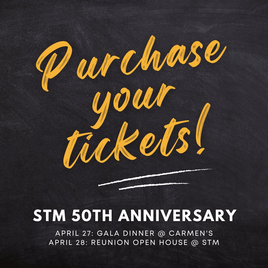 stmcssalumni's tweet photo. Purchase your tickets to the STM 50th Anniversary Celebrations at https://t.co/SbQiQds2b1. The events are:

▪️April 27: Gala Dinner at Carmen’s 
▪️April 28: Reunion Open House (Pub Night) at STM

We hope to see you all there! 

#OnceAKnightAlwaysAKnight https://t.co/CbO8E5GEgQ