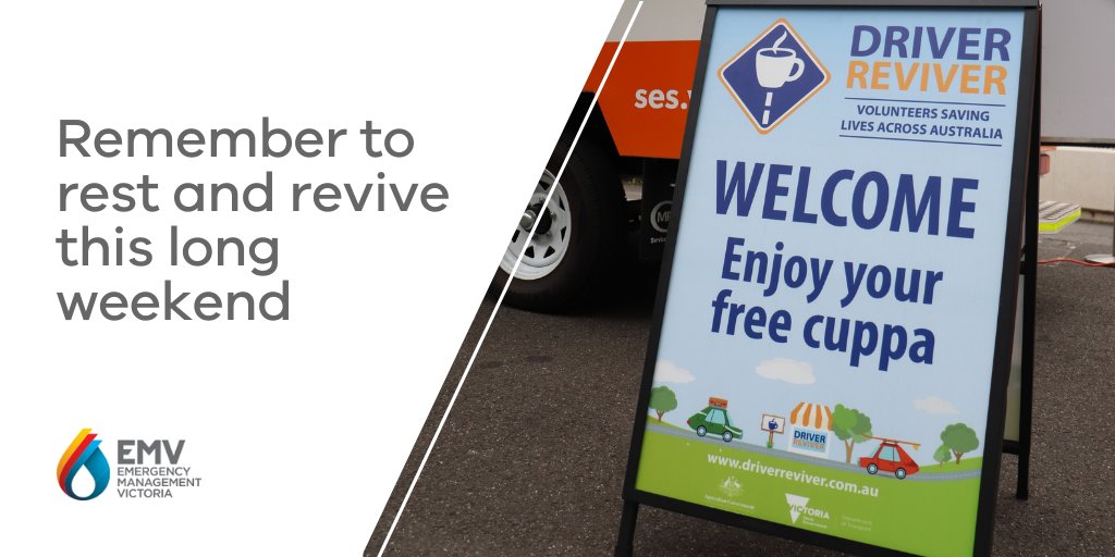 Are you taking a road trip this long weekend? Ensure you plan a stop at a @DriverReviverAU site to rest and revive while enjoying a free cuppa and biscuit from a @vicsesnews, @LionsAustralia or @RSL_Australia volunteer ☕ Locations and operating hours: driverreviver.com.au