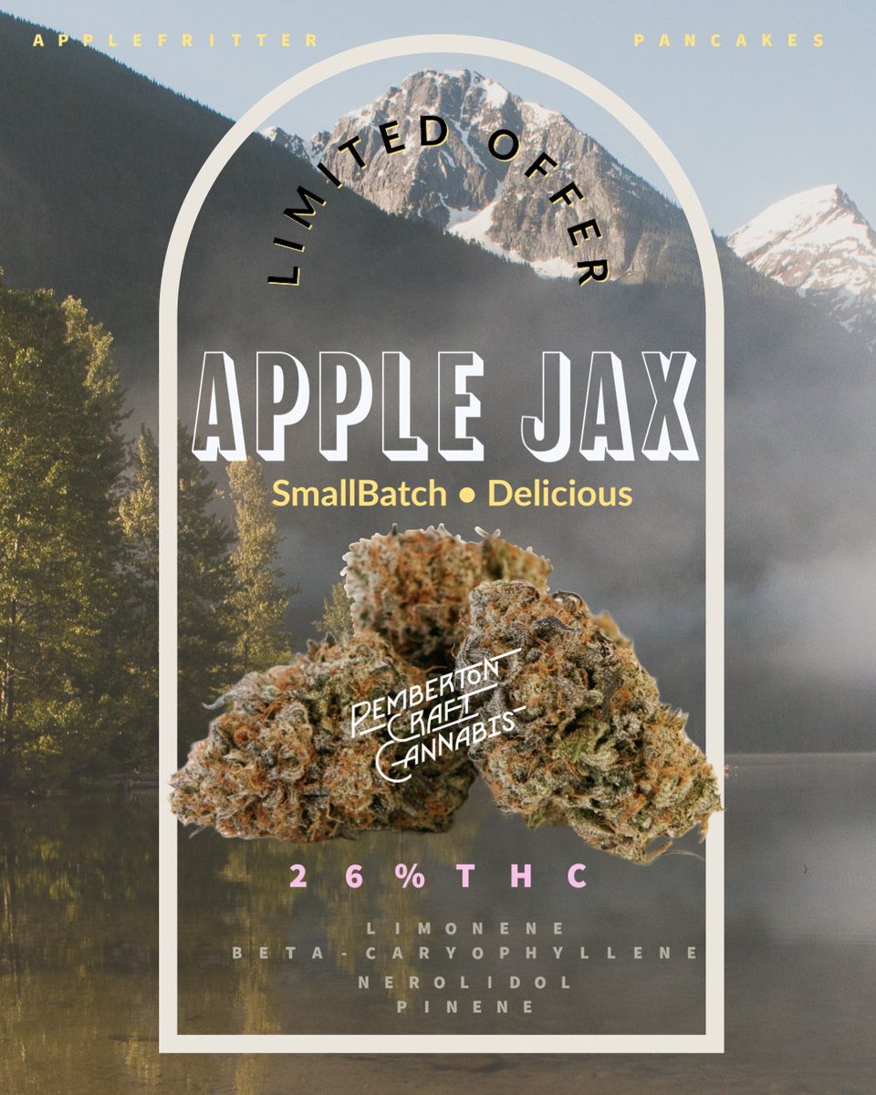 Apple Jax-
Crusted in a dense silver armour, the dark green dense ball shaped nugs and splashed with deep purples and gold. A crisp smooth and light sweet flavor to start, ends rich and thick. This limited run: In House Genetics cultivar. 3.5g direct  delivery bcdd@tricanna.com