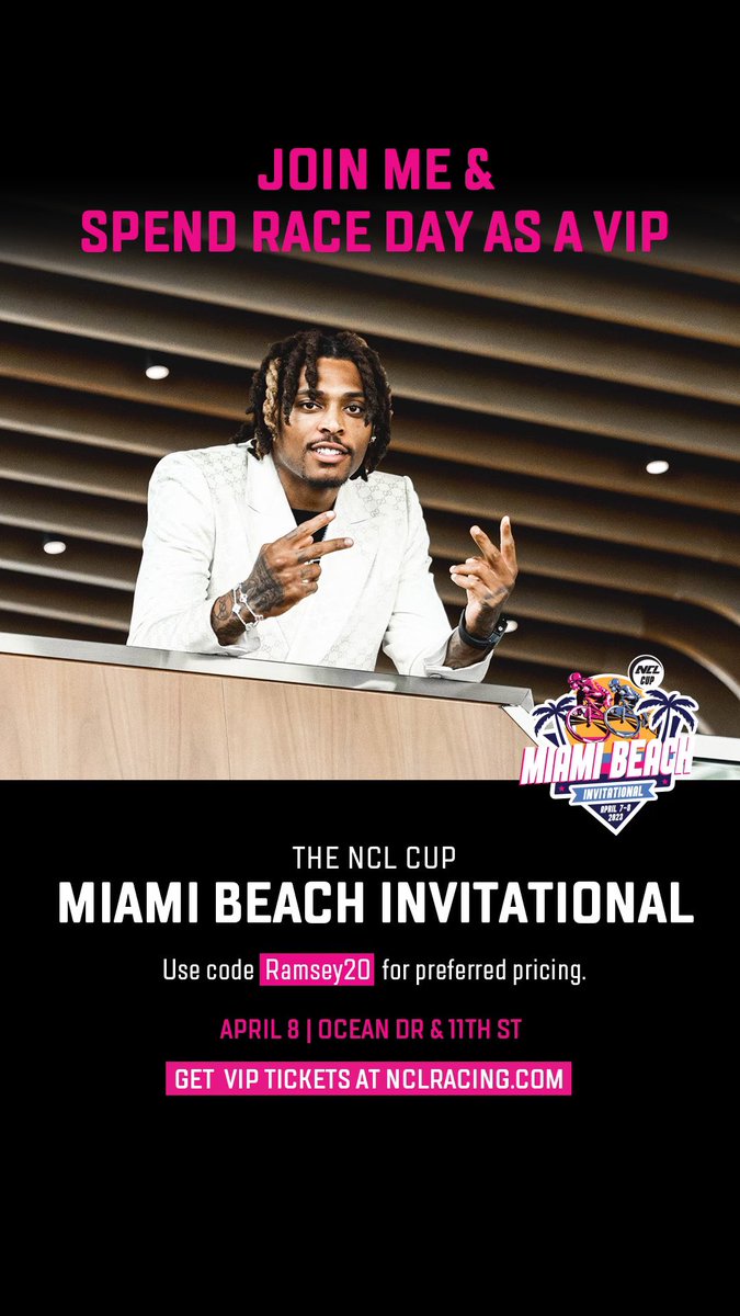 YEAHHHHH the National Cycling League is coming to Miami Beach this Saturday, April 8th &amp; you don’t want to miss this!
 
Join me &amp; use RAMSEY20 for preferred pricing.
 
Head over to nclracing.com or visit @nclracing to get your VIP tickets today.