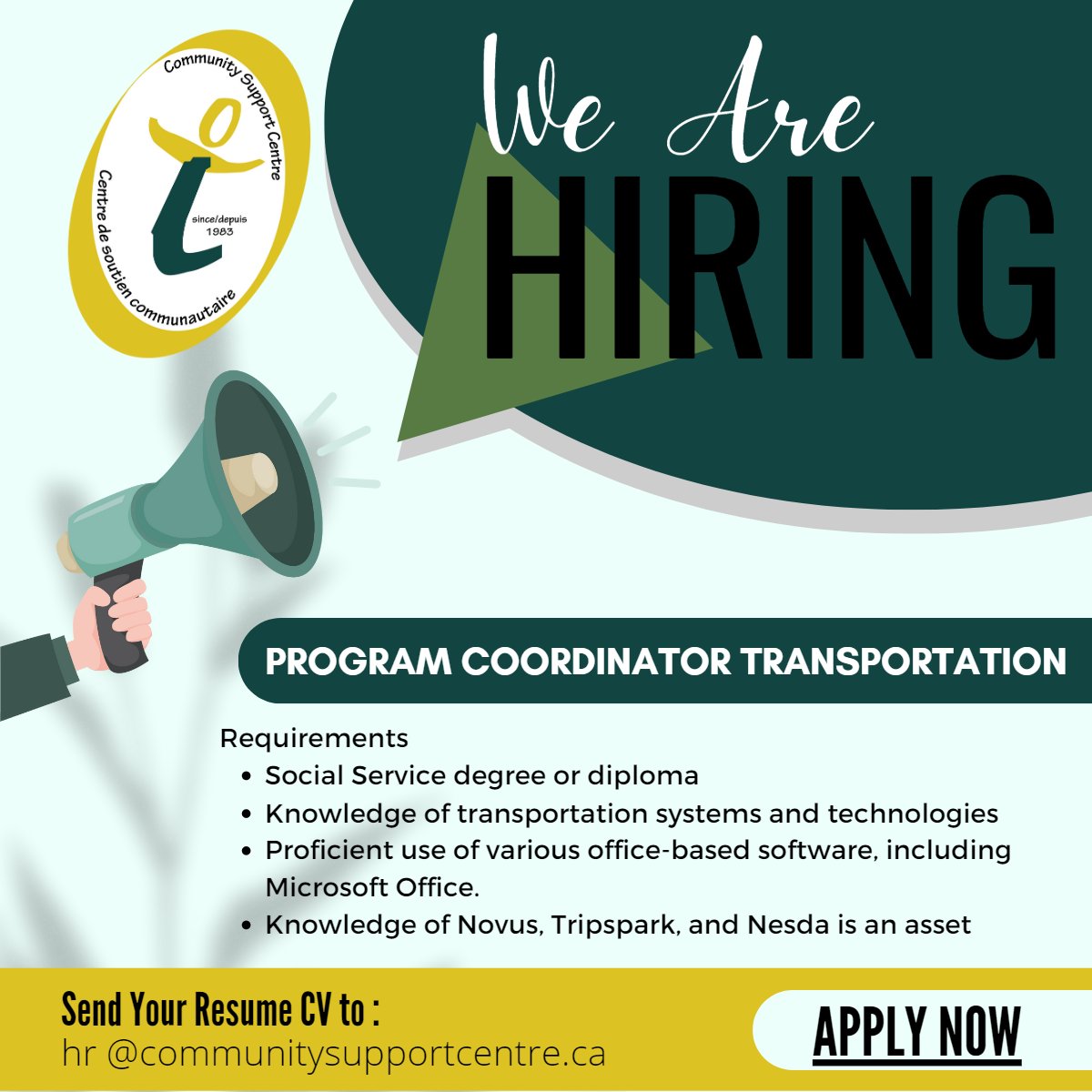 We have a fantastic team looking for a Program Coordinator Transportation. Want to join? Apply before April 14. #hiringnow #transportation #communitysupport #team