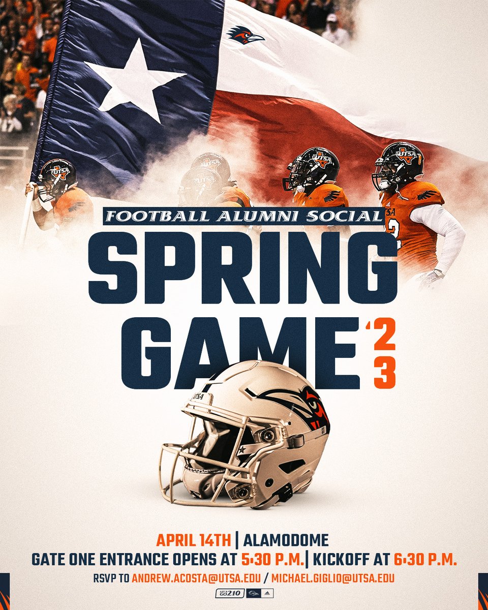 𝙐𝙏𝙎𝘼 𝙁𝙤𝙤𝙩𝙗𝙖𝙡𝙡 𝘼𝙡𝙪𝙢𝙣𝙞 𝙎𝙤𝙘𝙞𝙖𝙡
🕠 5:30 p.m. (Doors Open)
🕡 6:30 p.m. (Kickoff)
🗓️ Friday, April 14
🏟️ <a href="/Alamodome/">Alamodome</a> 
𝗥𝗦𝗩𝗣 details👇
<a href="/AndrewAcosta210/">Andrew_Acosta</a> <a href="/MikeMGiglio/">Mike Giglio</a> 

#210TriangleOfToughness
#LetsGo210 | #BirdsUp 🤙