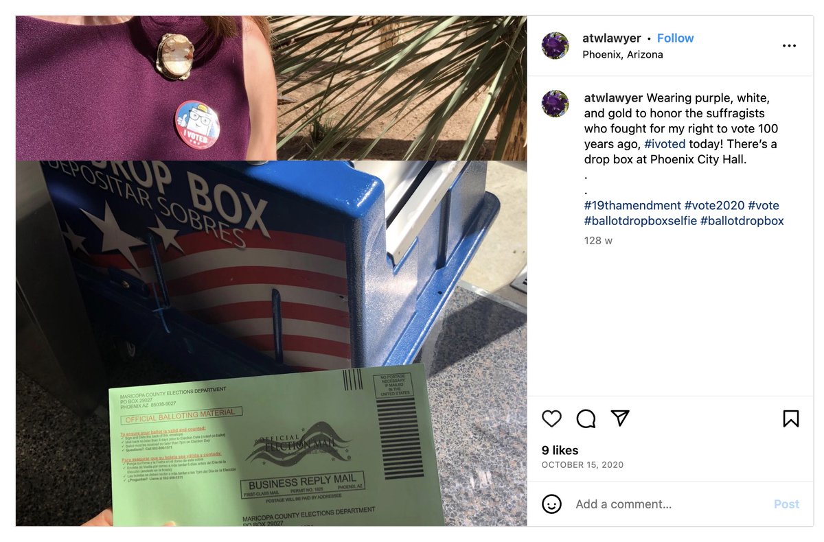 'Wearing purple, white, and gold to honor the suffragists who fought for my right to vote 100 years ago, #ivoted today! There’s a drop box at Phoenix City Hall.
#19thamendment #vote2020 #vote #ballotdropboxselfie #ballotdropbox'

instagram.com/p/CGX9Foqnxx6/