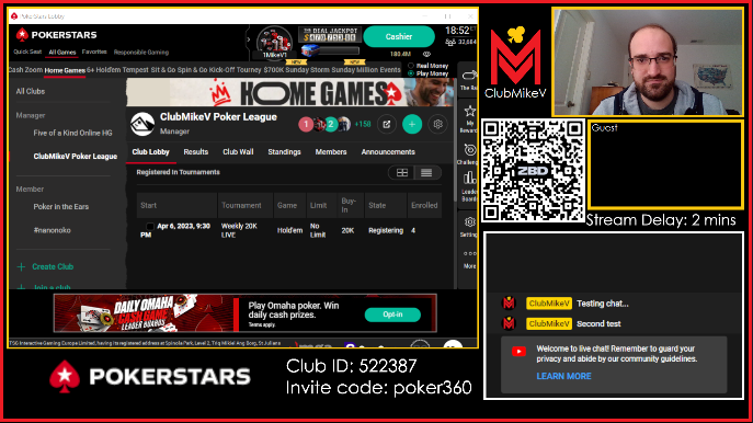 iamMikeV1's tweet photo. Building a new stream setup for my online #poker home game. Notice the @zebedeeio QR code for viewers to send sats. Watch me play poker tomorrow - or better yet, come join our club! #bitcoin #onlinepoker #gaming #streaming YouTube: @ClubMikeV https://t.co/lSeY0iI4nh