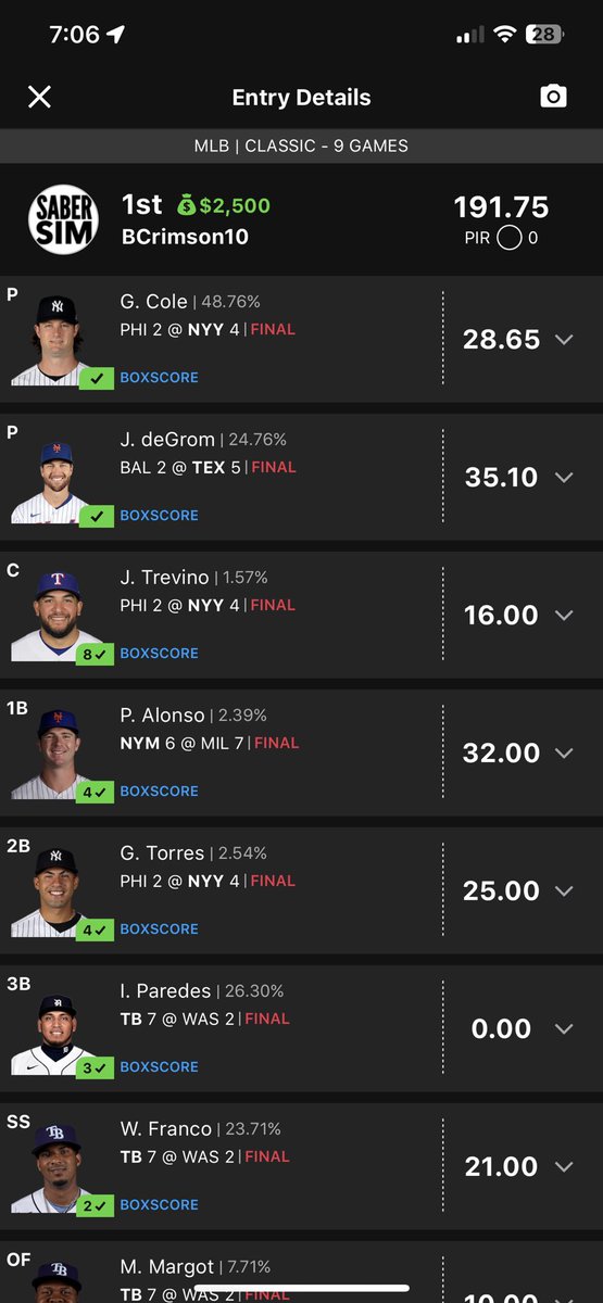 BCrimson10's tweet photo. Early Afternoon MLB!!!!!  Sport that got me started in dfs with @SaberSim. Hopped into the office hour video stream hosted at the time by legendary Sabersim coach @JordanMChand and took down the mini max that night. Changed it all for me!  #WinnersCircle 
https://t.co/NJZqYwE6pe https://t.co/hSNDp1lbSk