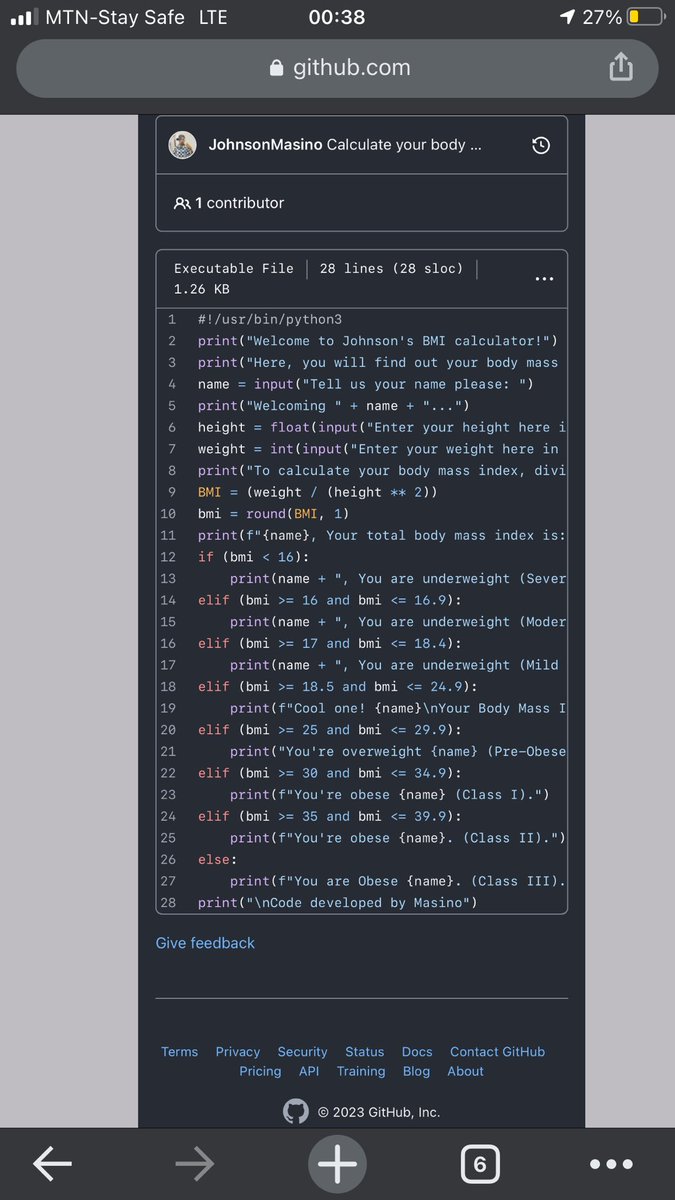 masino_oficial's tweet image. Hey guys!!! I’ve developed a simple code which helps calculate your body mass index and tell you your body class. A bit helpful I guess 😊
GitHub 👉🏽 github.com/JohnsonMasino/…
#100DaysOfCode #100daysofcodechallenge #100daysofcodepython #Bodycheck #coding #pythonprogramming #tech