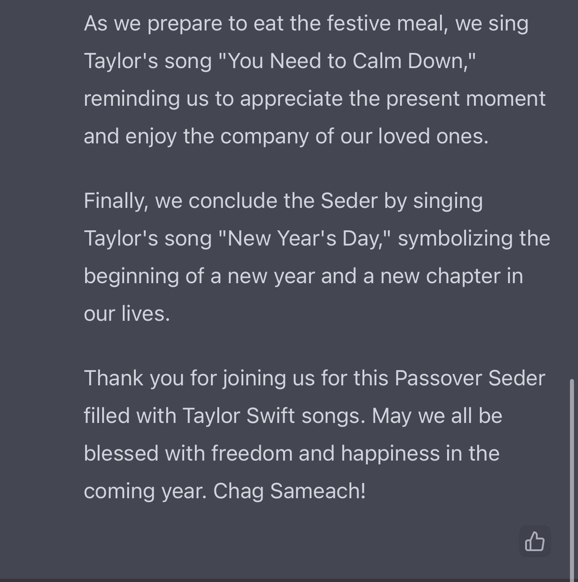 my dad generated a taylor swift passover seder — may we be picking up bottles on new year’s day next year in jerusalem