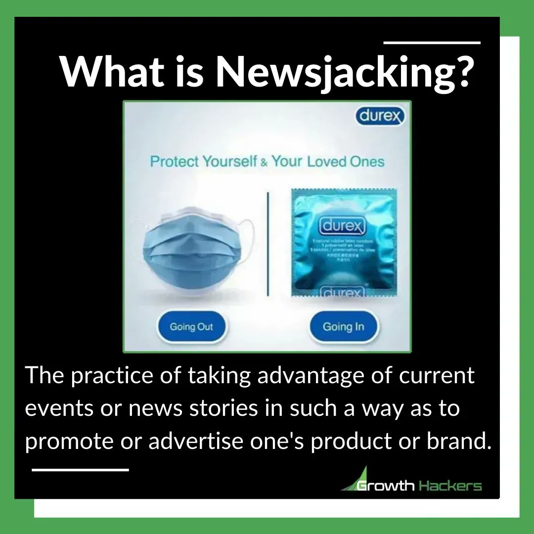 TopGrowthAgency's tweet image. What is #Newsjacking?
The practice of taking advantage of current events or news stories in such a way as to promote or advertise one's product or brand.

buff.ly/3f69LtR

#Coronavirus #Covid19 #CoronavirusOutbreak #CoronavirusPandemic #Marketing #Advertising #Durex #Ads
