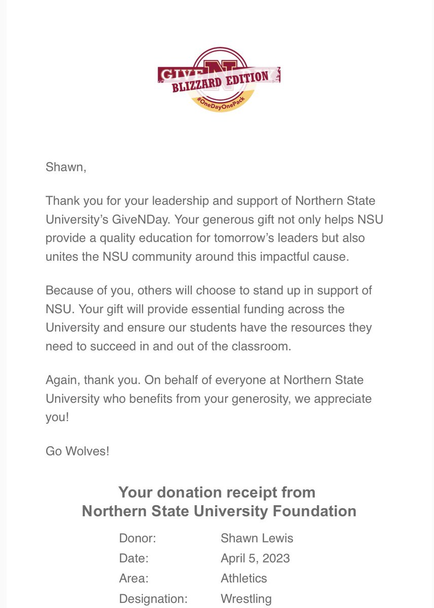 Blessed to be able to give back to a program I am forever in debt to what it has given to me @nsuwolves_wr @NorthernStateU #GiveNDay #GoWolves #OneDayOnePack