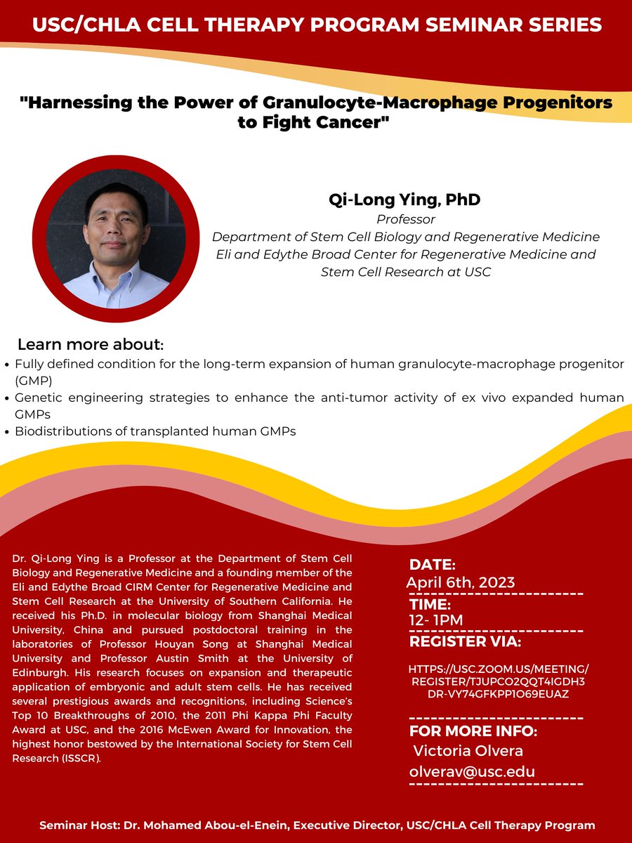 One day away! Don't forget to click ⬇️ register 💻 and join us tomorrow for our Monthly Cell Therapy Seminar Series usc.zoom.us/meeting/regist…