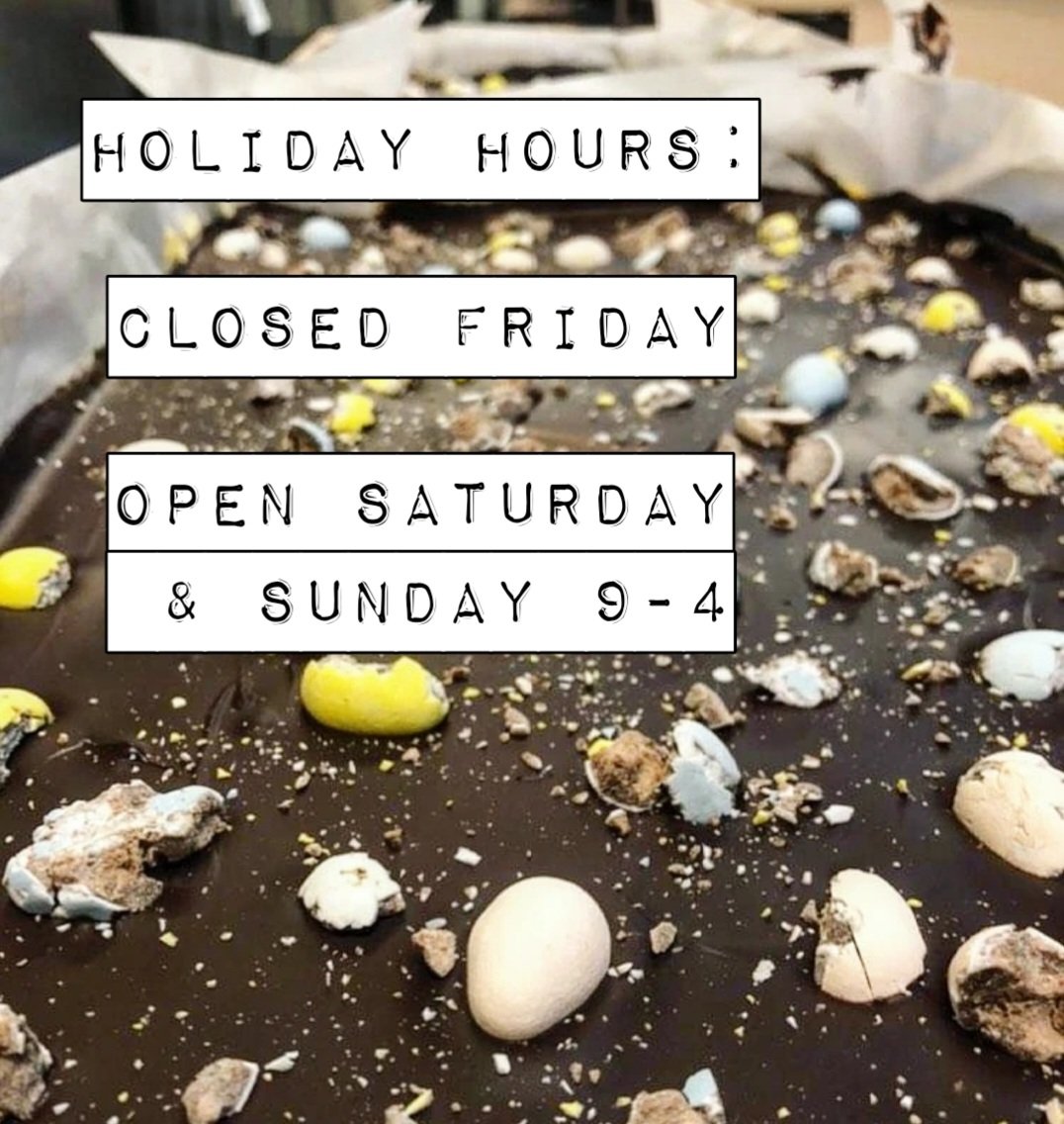Peep our holiday hours (and a tray of mini egg Nanaimos 👀)

Swing by Thursday to stock up on bread &amp; treats, or see you this weekend!