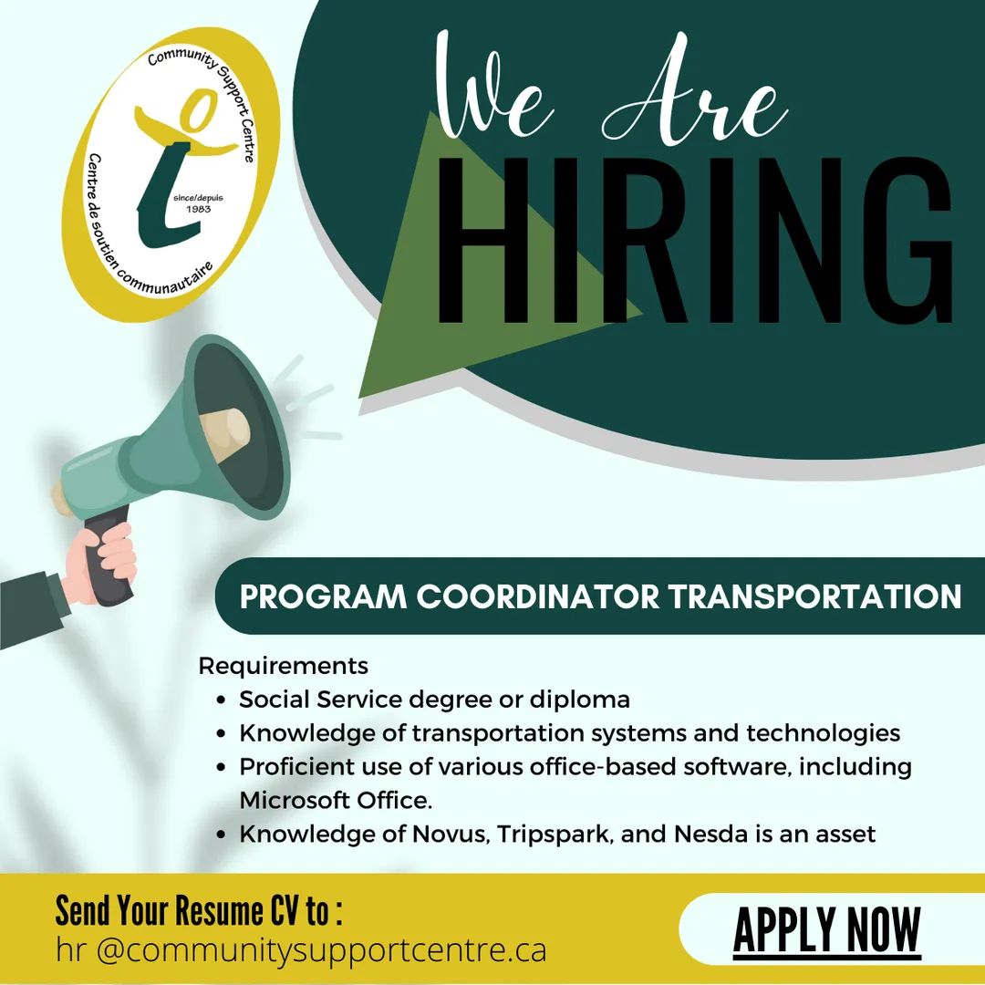 Join an amazing team as Program Coordinator of Transportation Services.  Apply before April 14th. #hiring #transportation #coordinator