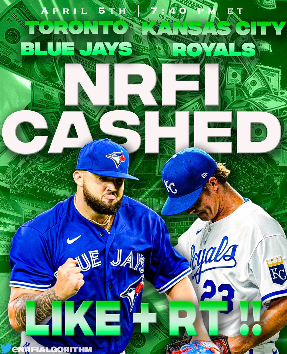 BANGGG FREE NRFI CASHEDDD✅
Blue Jays vs Royals NRFI: CASHED💰

AI is killing the NRFI game this season with a 86% accuracy rate on NRFI’s🎯

1 request: LIKE &amp; RT if you like these FREE DAILY NRFI’s‼️🔥💰LETS GO!!