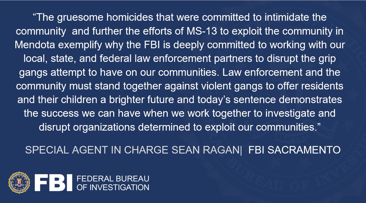 FBISacramento's tweet image. Thanks to a collaborative, multi-agency investigation, an El Salvadorian MS-13 member residing in #Mendota was sentenced to life in prison today for kidnapping and murder in aid of racketeering.
More: ow.ly/KxMP50NBKqV