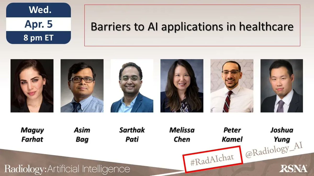 Radiology: Artificial Intelligence (@radiology_ai) on Twitter photo Welcome to the April #RadAIchat on "Barriers to #AI applications in #healthcare" moderated by <a href="/maguy_farhat/">Maguy Farhat</a> and featuring @asimkbagmd <a href="/joshyung/">Joshua Yung</a> <a href="/MelissaChenMD/">Melissa Chen MD</a> <a href="/SarthakPati/">Sarthak Pati</a> <a href="/PeterKamelMD/">Peter Kamel, MD</a>
Please introduce yourself and always remember to add #RadAIchat Welcome to the April #RadAIchat on "Barriers to #AI applications in #healthcare" moderated by <a href="/maguy_farhat/">Maguy Farhat</a> and featuring @asimkbagmd <a href="/joshyung/">Joshua Yung</a> <a href="/MelissaChenMD/">Melissa Chen MD</a> <a href="/SarthakPati/">Sarthak Pati</a> <a href="/PeterKamelMD/">Peter Kamel, MD</a>
Please introduce yourself and always remember to add #RadAIchat