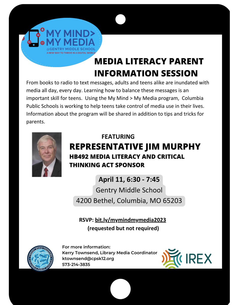 Join <a href="/cpslibrarymedia/">Columbia Public Schools Library Media Programs</a> and <a href="/CenterGentry/">@gentry_media_center</a> @GMSPrincipalCPS to learn about media literacy and critical thinking skills for teens. There will be cookies!