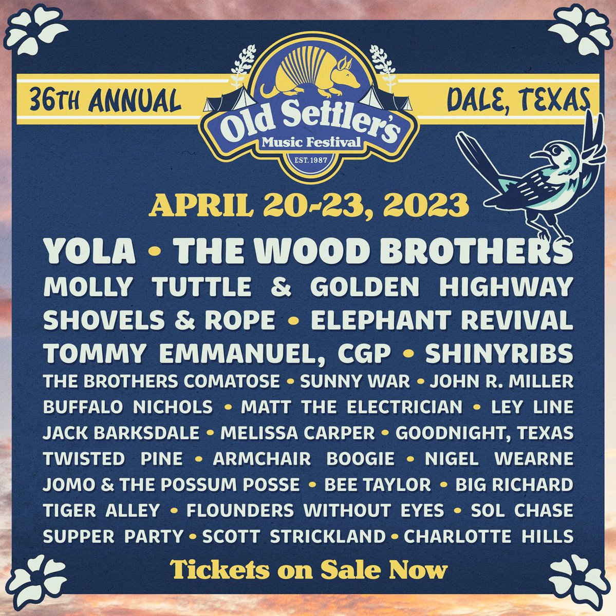 We're headed down to Texas for @Oldsettler in just a few weeks. April 20-23 in Dale, TX. Grab your tickets before it's too late! See y'all soon 💙 oldsettlersmusicfest.org