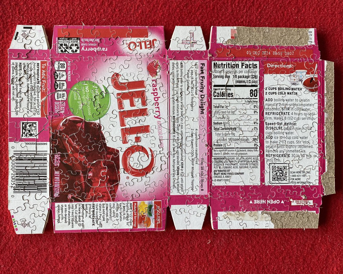 TurningTaxis's tweet photo. “Raspberry Julius,” 205 pieces, 9-3/4x6-1/8 in., 4/5/2023 #handcutpuzzle #woodenjigsawpuzzle #Jello #TheresAlwaysRoomForJello #spycraft #coldwar #JuliusRosenberg #EthelRosenberg #raspberryjello https://t.co/LB975nim5b
