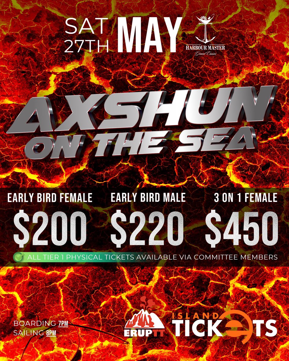 erupttrinidad's tweet photo. Tier 1 Early Bird tickets &amp; Ladies 3 on 1 tickets to AXSHUN ON THE SEA⁣⁣ available for purchase now.
⁣⁣
🎫 | Tickets are now available via committee members for nationwide delivery and online via https://t.co/qf8p9Fq7Y4 using credit cards or local visa debit cards.⁣⁣⁣
⁣ https://t.co/IWZWPamb13
