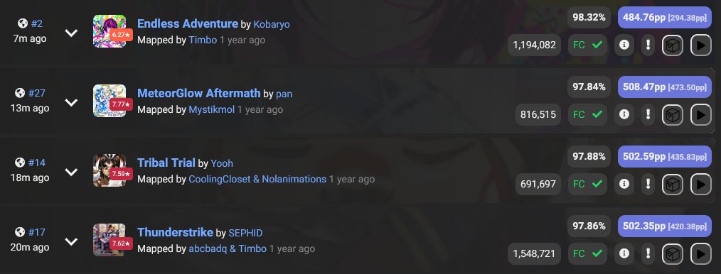 OYippies's tweet photo. Three 500pp plays in a row!!! Man that felt nice! only one more and I'll have a full page :D Also sneaking up to that 6* 500pp 👀 https://t.co/nmD7BMI3VV