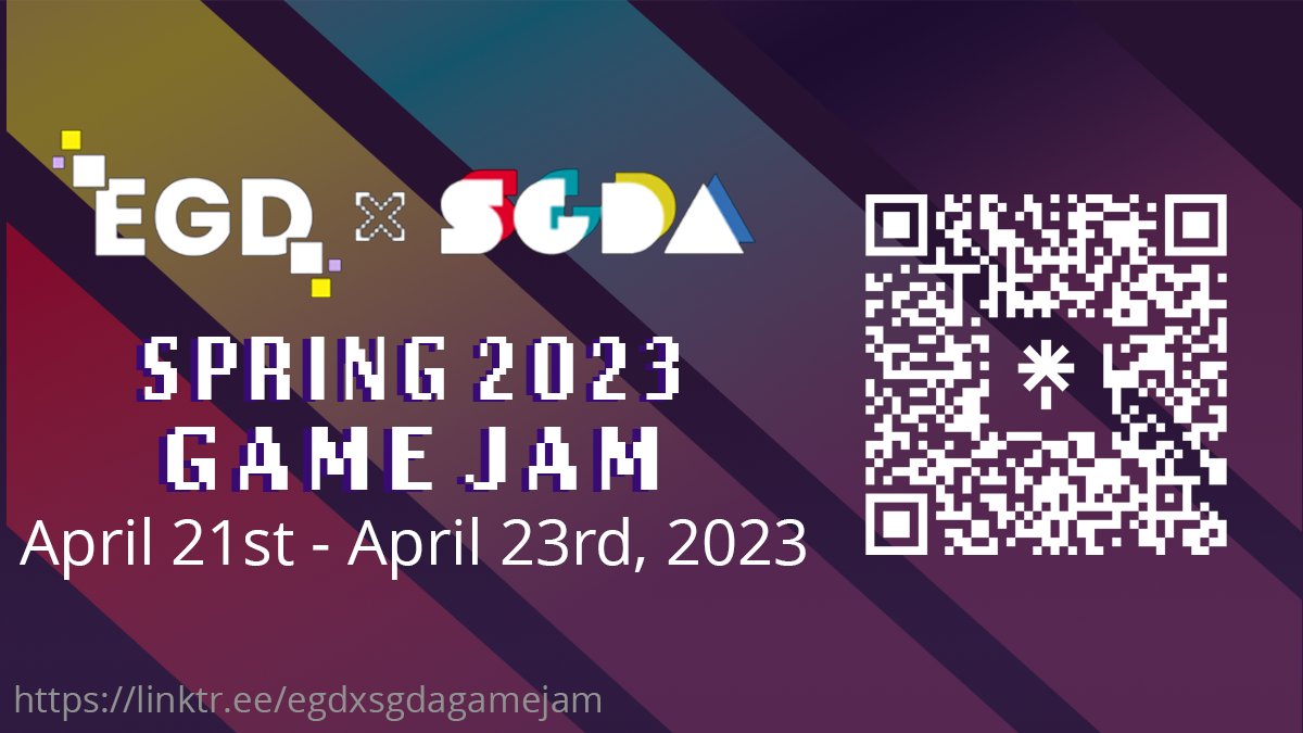 sgda_official's tweet photo. EGD Collective and the Student Game Developers Alliance (SGDA) have collaborated to bring you EGD x SGDA Spring Game Jam 2023, from April 21-23✨ Featuring four themes, nine different judging categories, and a chance to win prizes! 
Scan the QR code below for our Discord/Itch👇 https://t.co/nle4TqiVwa