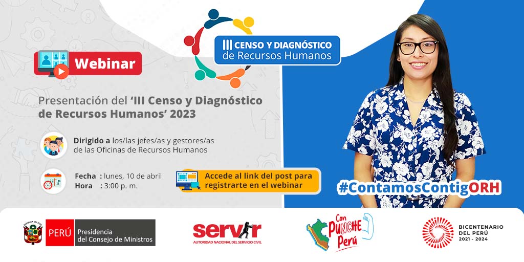 SERVIR_PERU's tweet photo. 📢SERVIR invita a los/as jefes/as y gestores/as de las #ORH de las entidades públicas de los 3 niveles de gobierno al webinar de presentación del “III Censo y Diagnóstico de Recursos Humanos 2023”.
📅10 de abril
⏰ 3 p. m.
✍️Inscripción: https://t.co/r8nTJOiqE8
#ContamosContigORH https://t.co/4HftKRDj1u
