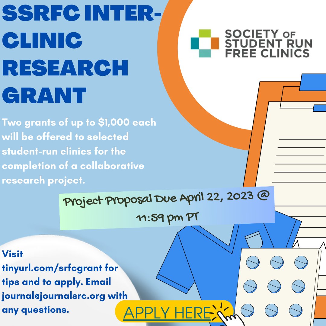 Journal of Student-Run Clinics (JSRC) (@journalsrc) on Twitter photo Could your SRFC benefit from a grant? đź‘€
<a href="/ssrfclinics/">Society of Student-Run Free Clinics</a> sponsors an Inter-Clinic Research Grant for clinics with applicable collaborative research projects. 📣Apply today!! Deadline is April 22.
đź”—tinyurl.com/srfcgrant
#MedEd #MedTwitter Could your SRFC benefit from a grant? đź‘€
<a href="/ssrfclinics/">Society of Student-Run Free Clinics</a> sponsors an Inter-Clinic Research Grant for clinics with applicable collaborative research projects. 📣Apply today!! Deadline is April 22.
đź”—tinyurl.com/srfcgrant
#MedEd #MedTwitter