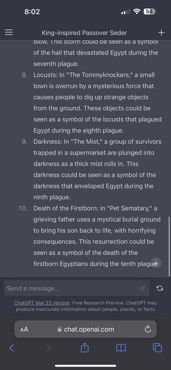 Happy Passover to all. In celebration of the holiday, I asked <a href="/OpenAI/">OpenAI</a> s ChatGPT to make a Haggadah a la <a href="/StephenKing/">Stephen King</a>. Here is the 10 plagues section. Warning there are spoilers here. And plagues.