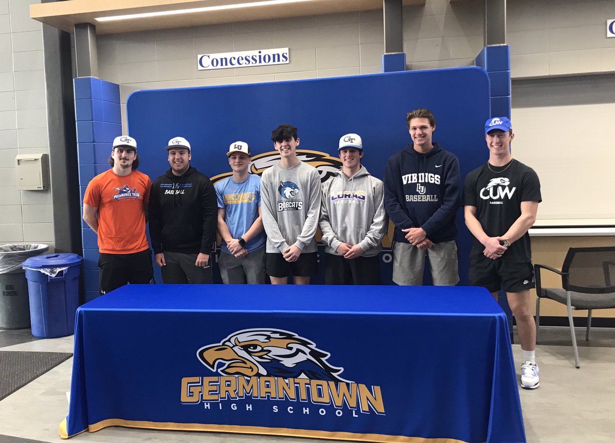GermantownBSB's tweet photo. Celebrating the 7 Gtown college baseball signees;
Cole Baier, MATC, Jack Kolinski, Marian U, Landon Mani, Lakeland U, Carter Szohr, Bryant &amp; Stratton, Jake Olszewski, Loras College, Ethan Sitter, Lawrence U, and Alex Pluta, Concordia, Wi. https://t.co/8qbQideFOG